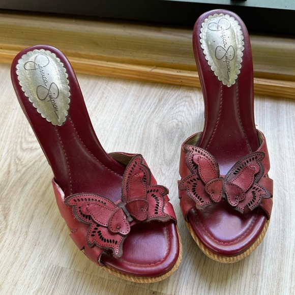 Jessica Simpson Red Leather Butterfly Sandal Wooden Platform Heels ~ 8B/38 - Picture 7 of 17